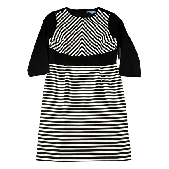 Antonio Melani 12 Black White Striped Round Neck 3/4 Sleeve Back Zip Dress - Picture 1 of 9